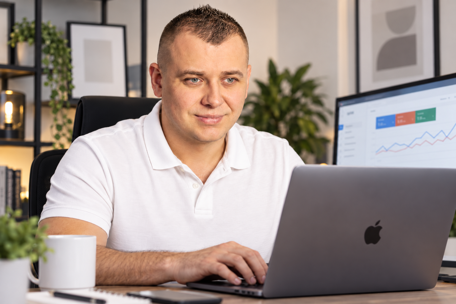 Jakub przy laptopie w biurze